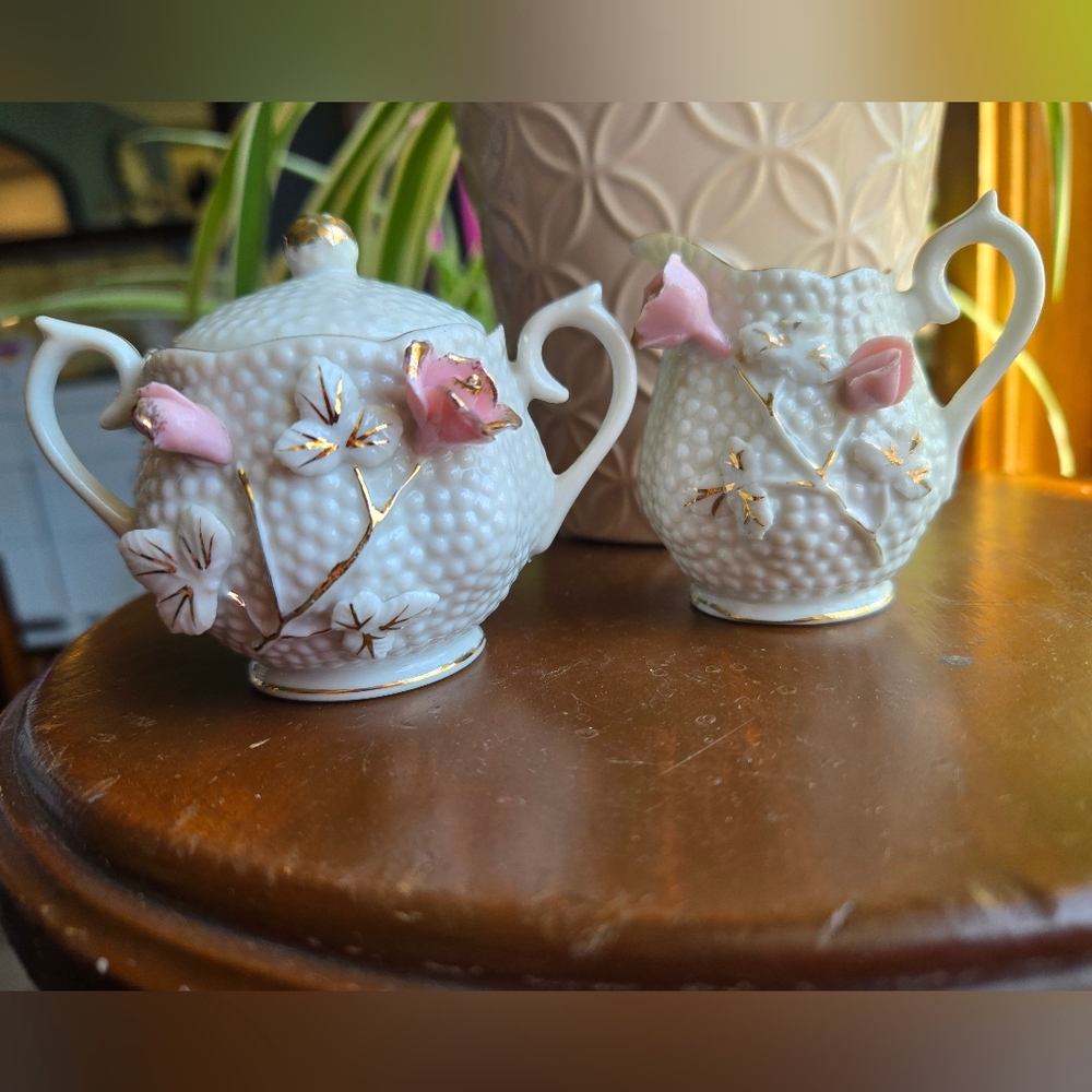 Vintage Hand-Painted Japan Sugar & Creamer Set | Textured White Hobnail with Pin